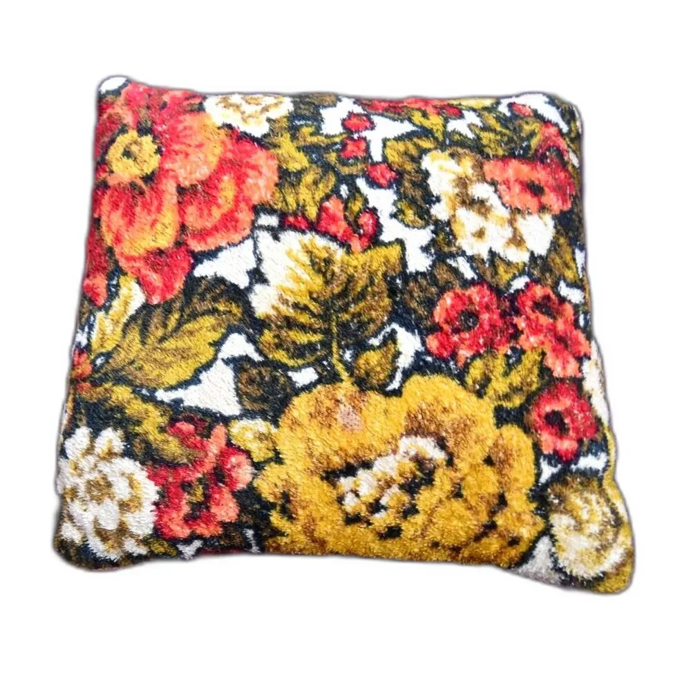Vintage 70s Chenille Floral Pillow 13x13 Mod Velvet Back Boho Decor